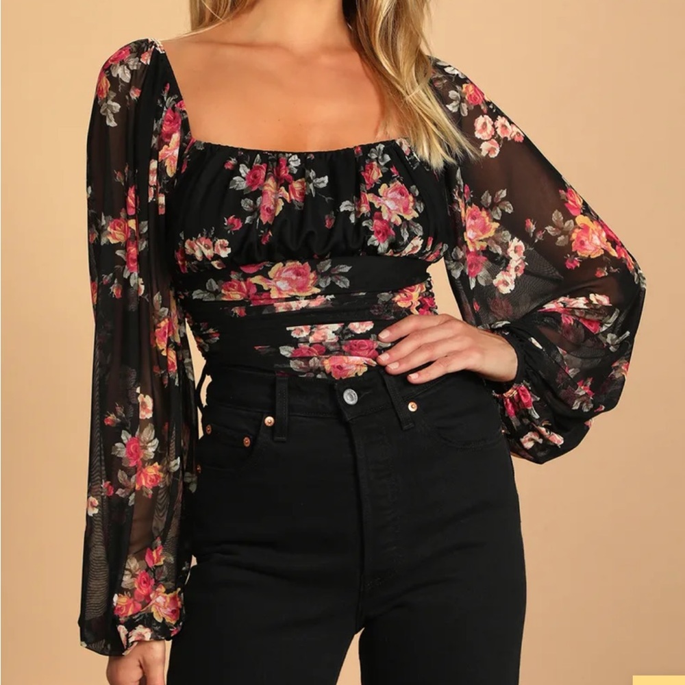 LULUS XS BLACK MESH FLORAL BODYSUIT